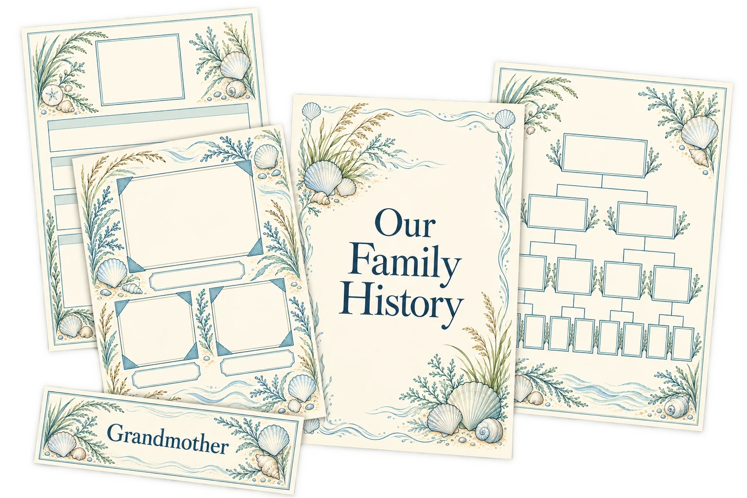Coastal Family Memories: a layered assortment of coordinated family-history printable examples