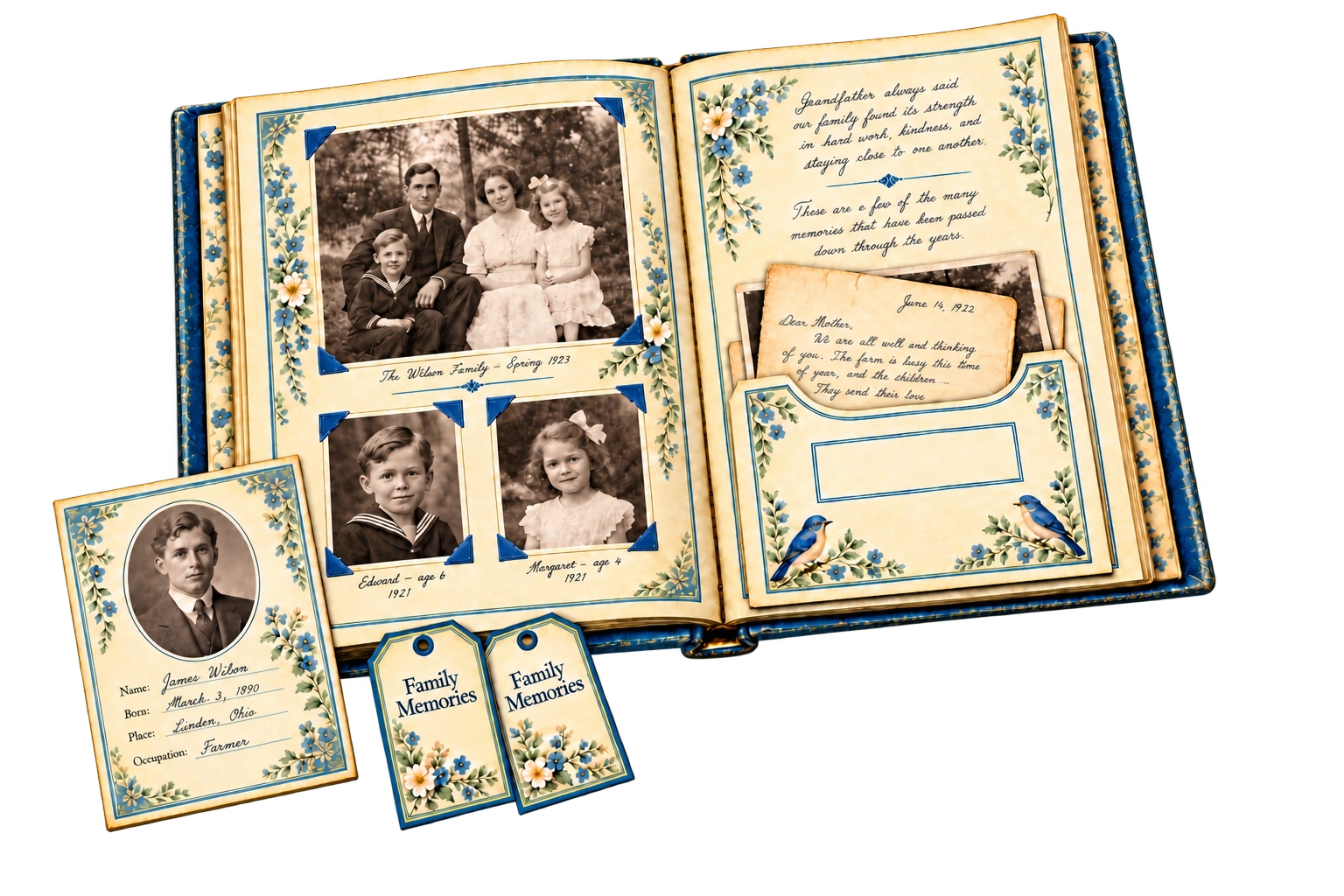 Soft Blue family-history album with sample family photographs, handwritten memories, a document pocket, an ancestor card and matching tags