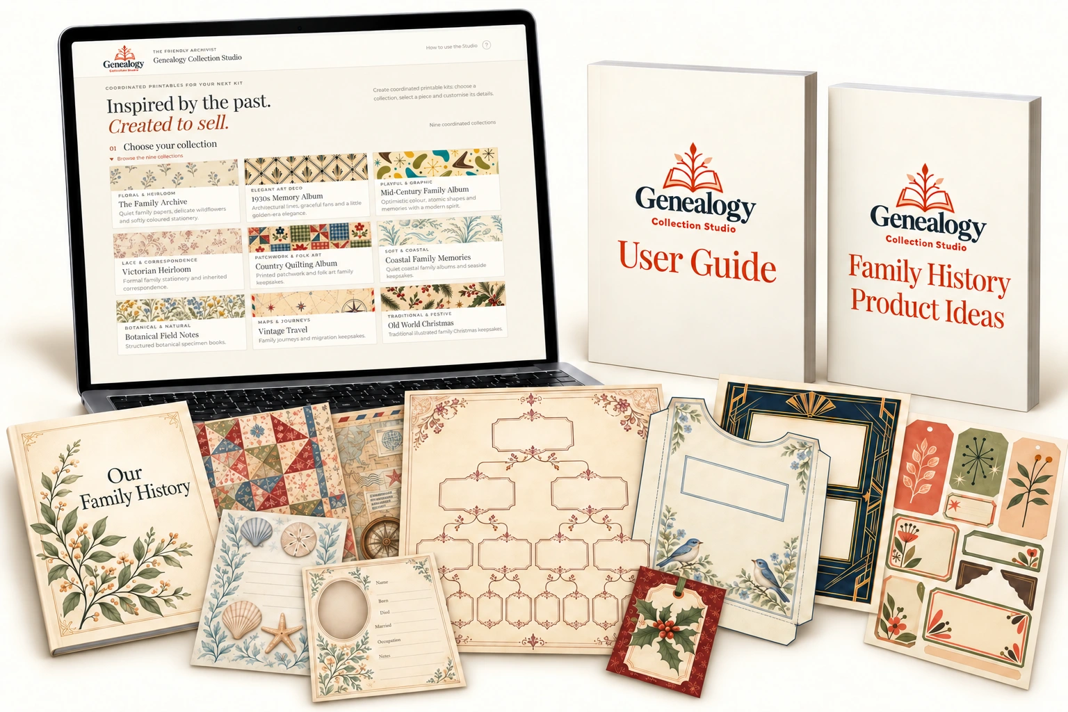 Genealogy Collection Studio on a laptop with the actual interface, User Guide, Family History Product Ideas and a varied assortment of genealogy printables