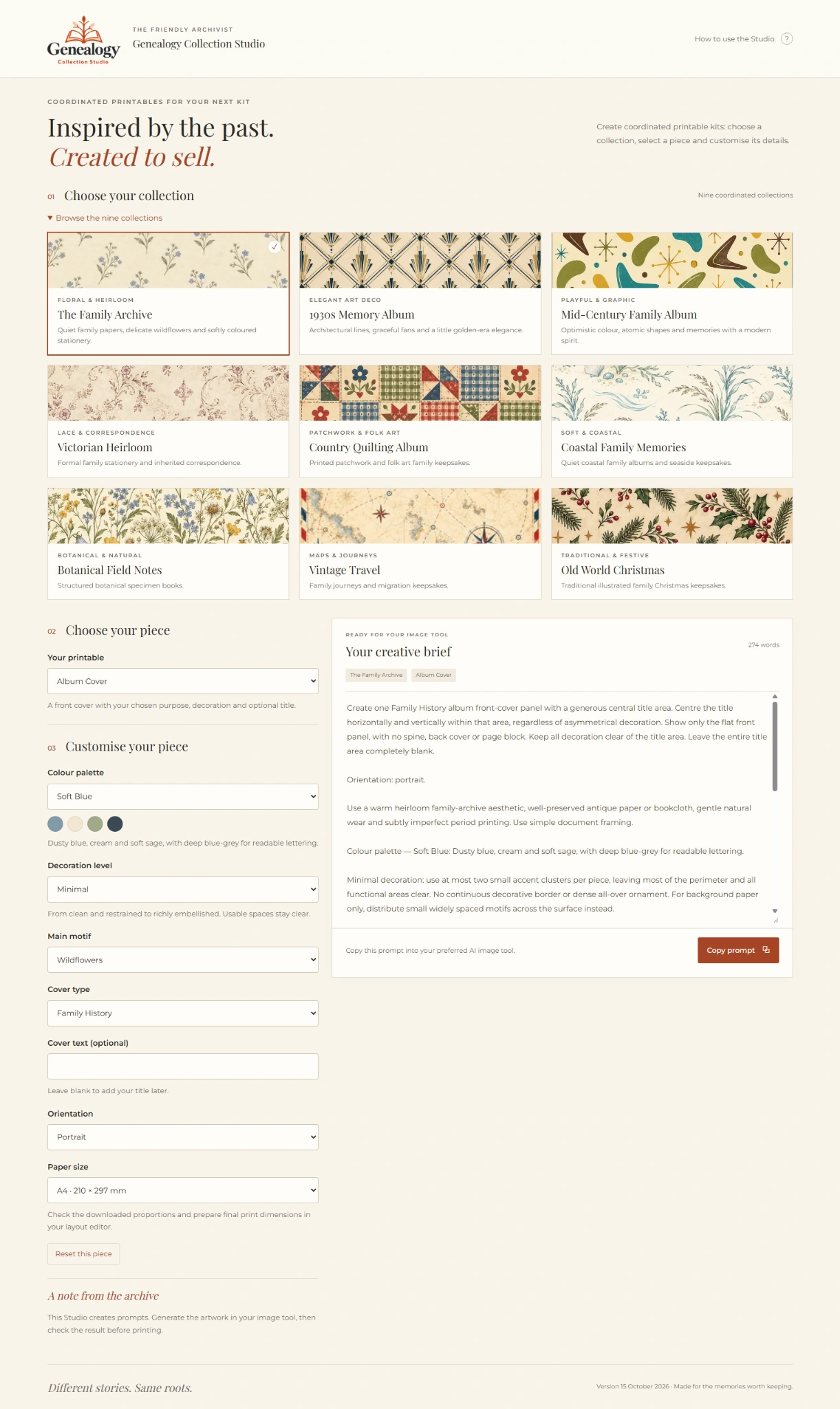 Actual Genealogy Collection Studio showing Inspired by the past. Created to sell. and its nine collection choices