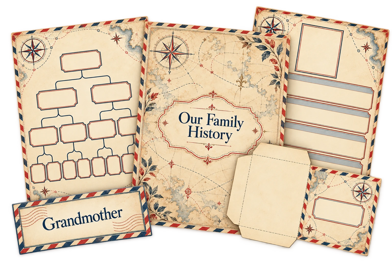 Vintage Travel: a layered assortment of coordinated family-history printable examples