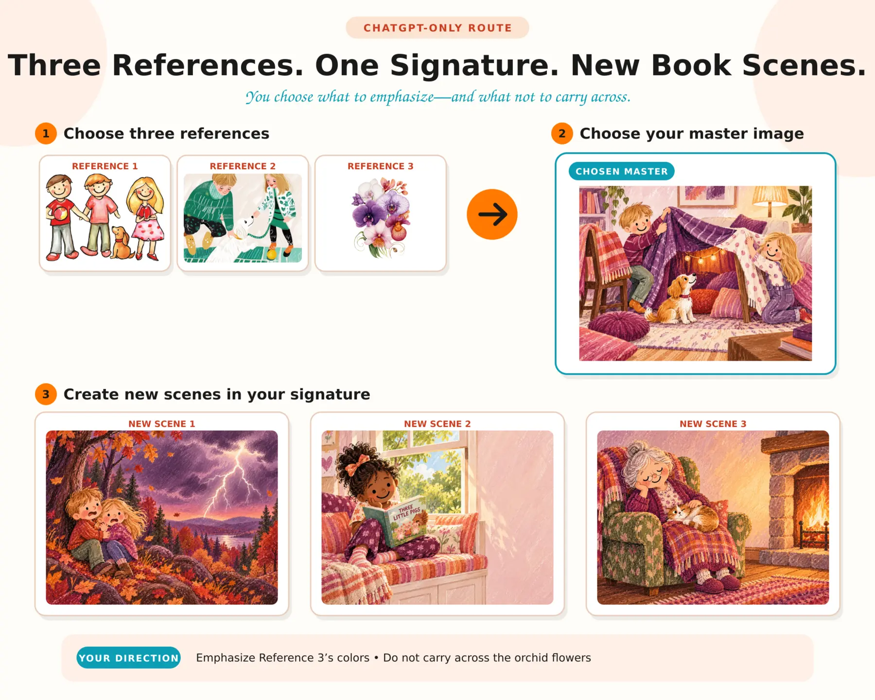 Three different starting illustrations becoming one Master Reference Image and three new scenes through the ChatGPT workflow