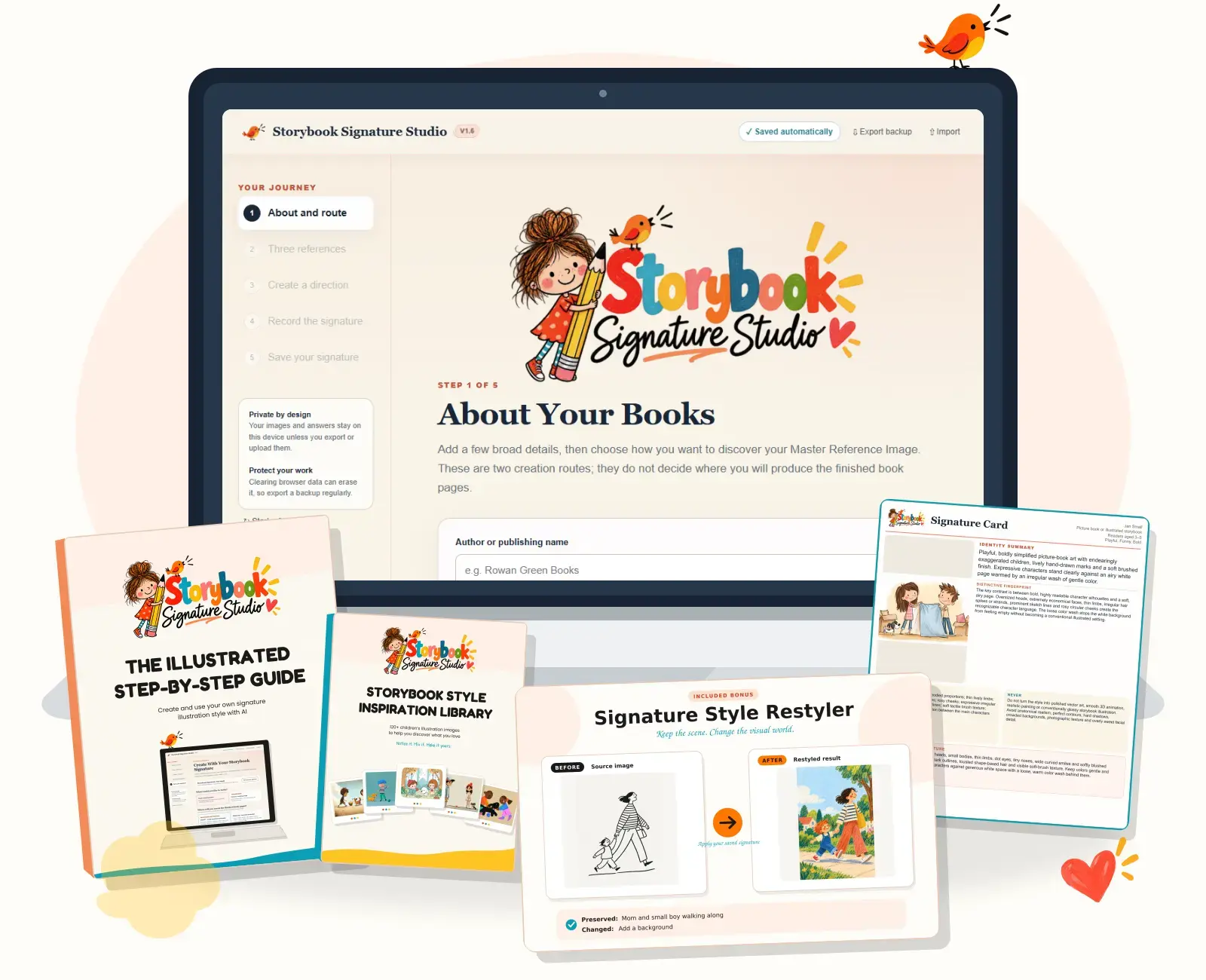 Storybook Signature Studio shown on a laptop with the illustrated guide, Inspiration Library, Restyler example and a finished Signature Card