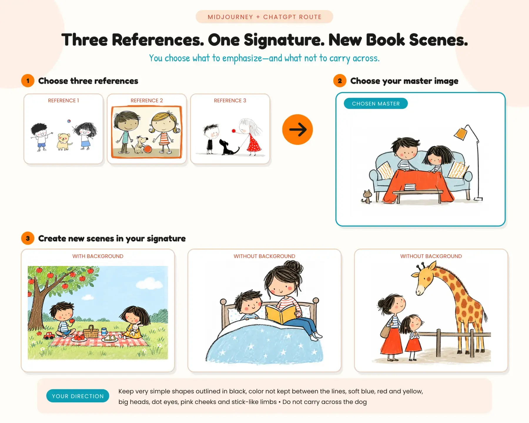 Three starting illustrations explored in Midjourney, followed by a chosen Master Reference Image and new book scenes created with ChatGPT