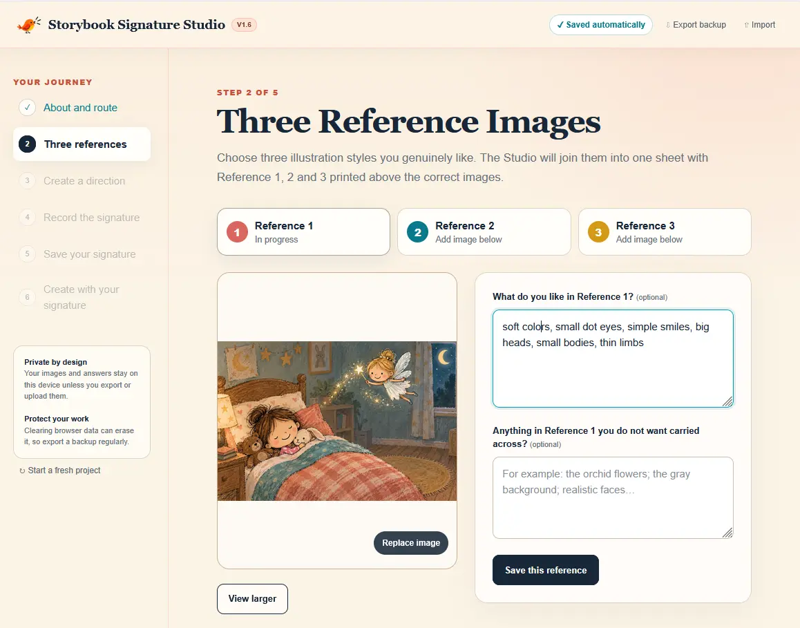 The Studio screen for choosing three illustration images and recording liked and disliked details