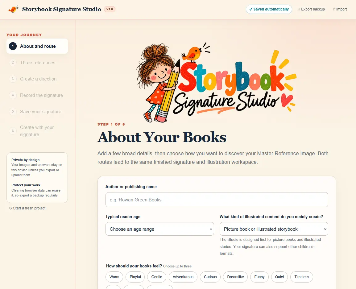 The first step of Storybook Signature Studio, where a children’s book creator begins defining the book and signature